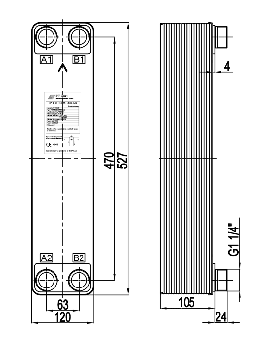 Чертеж теплообменника PBL60-40H (30кВт)