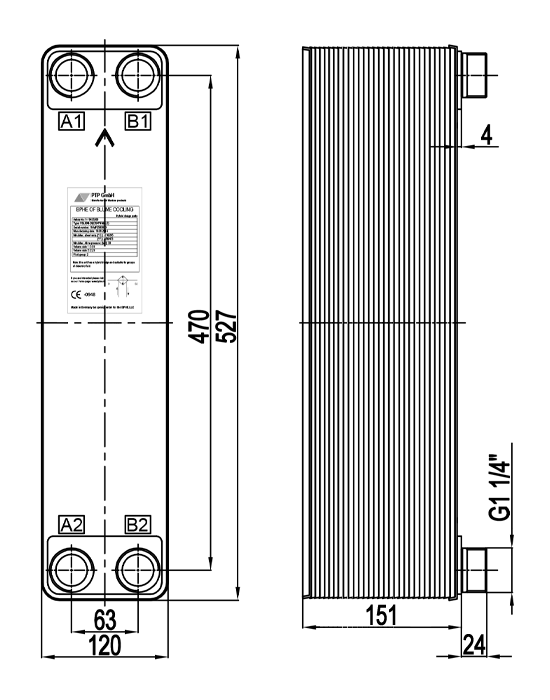 Чертеж теплообменника PBL60-60H (45кВт)