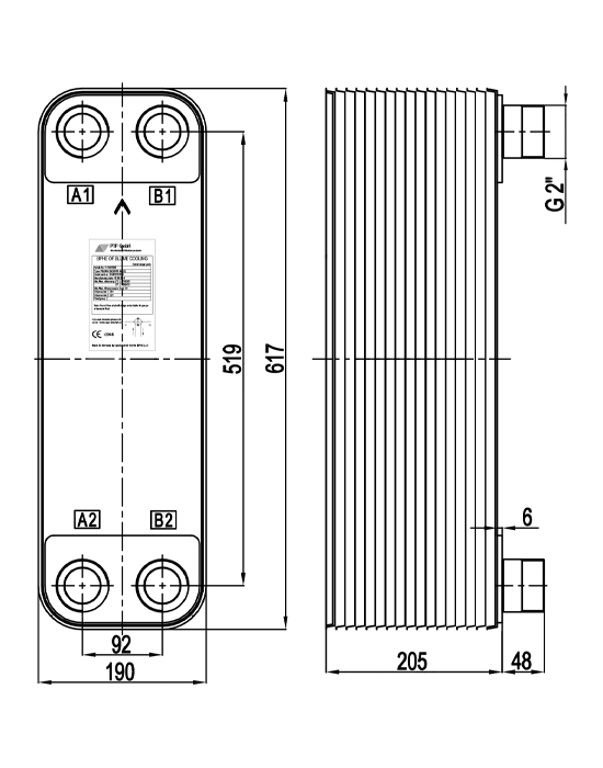Чертеж теплообменника PBL95-80H (105кВт)